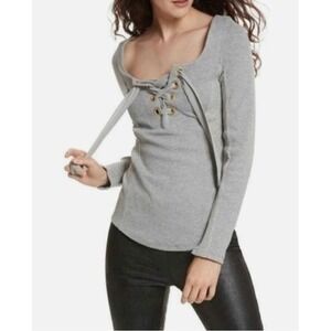 FREE PEOPLE Looking Back Gray Lace Up Long Sleeve Ribbed‎ Knit Top Women's Large